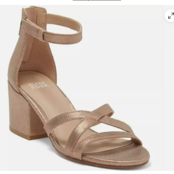 Eileen Fisher Jazzy Heel Sandals  Gold Platinum Leather Block Strap 9 - Picture 1 of 16
